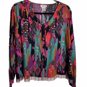Vintage 80s 90s Mango Bay Women’s Large Blouse Beaded Fringe Trim Multi Color